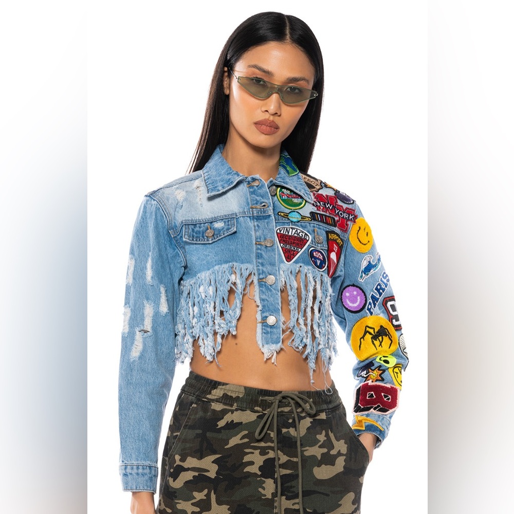 AKIRA ULTRA CROP DENIM JACKET WITH PATCHES